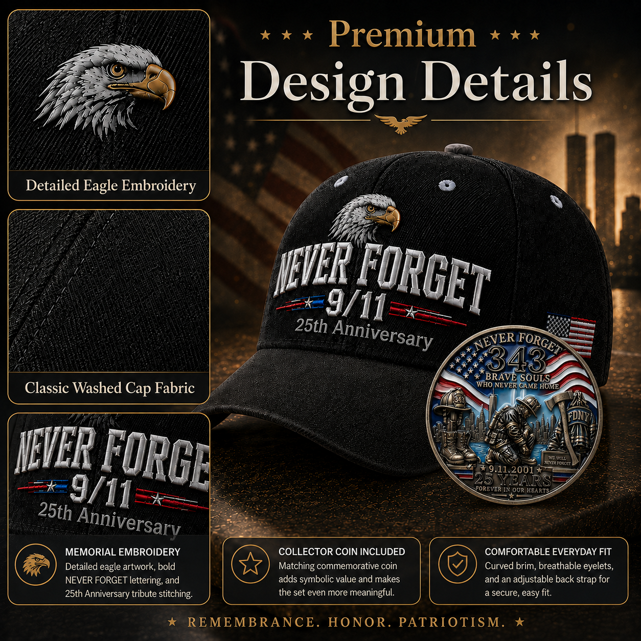 🇺🇸 9/11 Never Forget 2001–2026 Honor Cap 🎁 Free Memorial Coin With Every Cap Purchase
