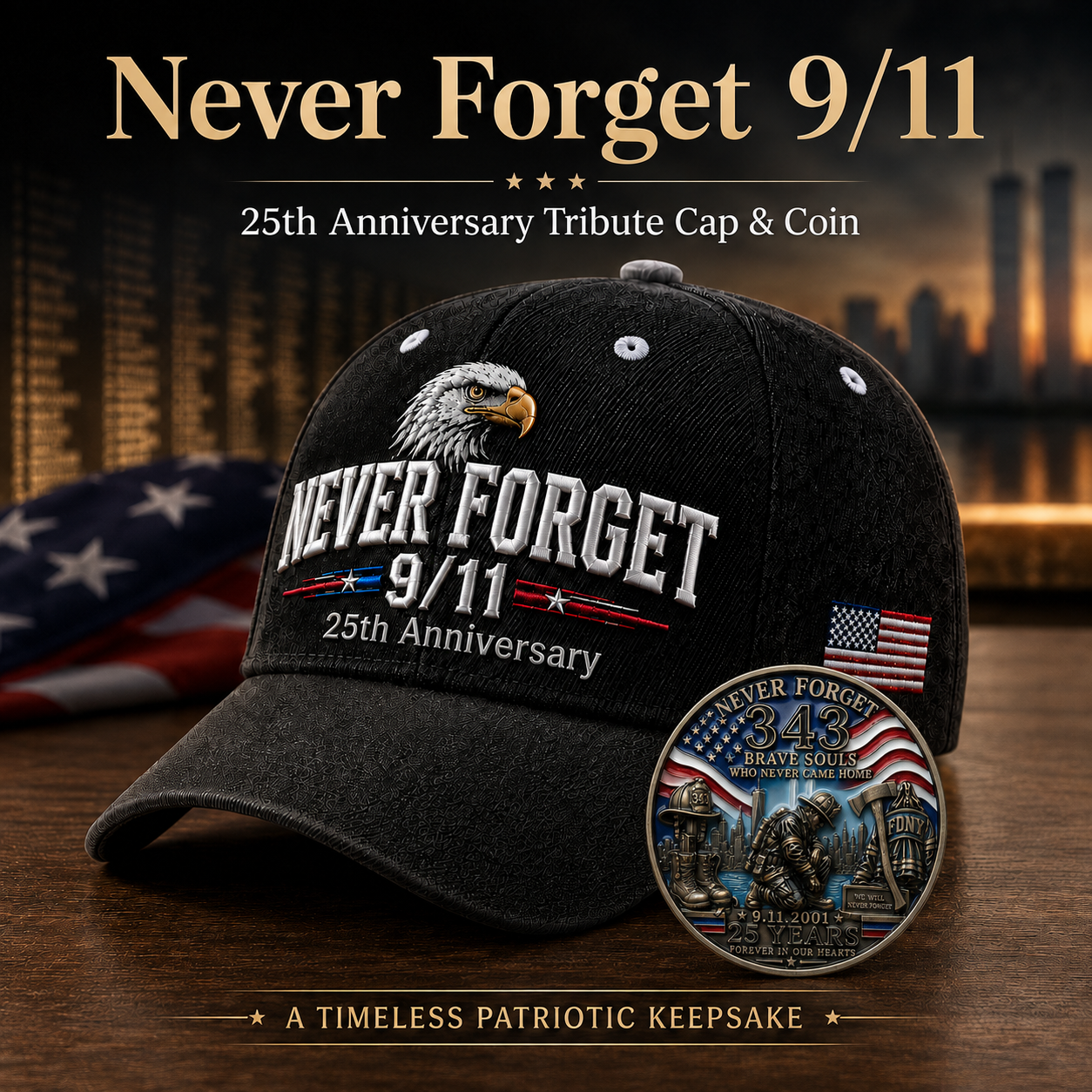 🇺🇸 9/11 Never Forget 2001–2026 Honor Cap 🎁 Free Memorial Coin With Every Cap Purchase